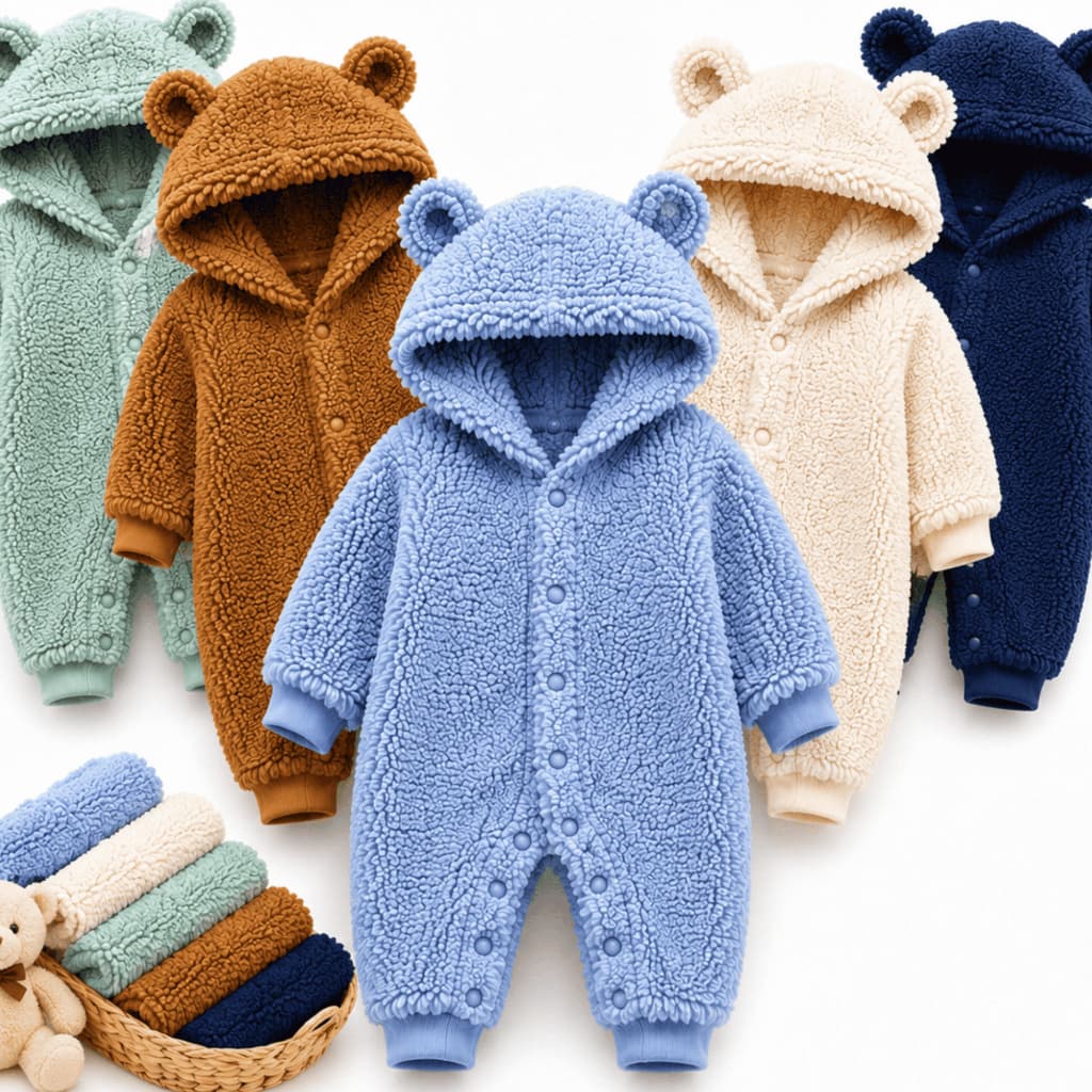 Kit 2 Macacão Fleece Teddy Carneirinho Bebê Menino RN ao G Peluciado Inverno Capuz Orelhinha