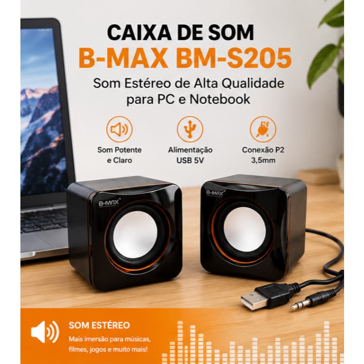 Caixa de Som Estéreo B-MAX BM-S205 USB P2 para PC e Notebook