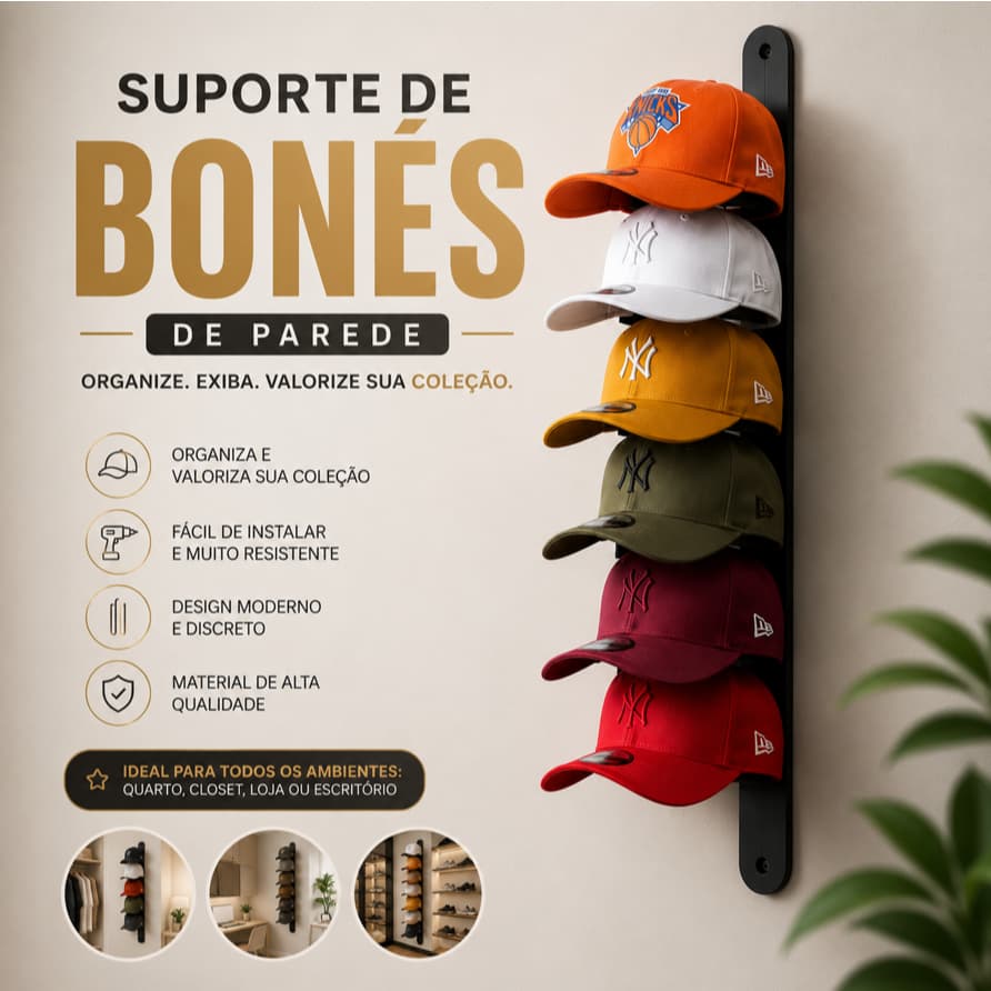 Suporte de Parede Vertical para Bonés Organizador Expositor Vertical com 9 Compartimentos | Decoração e Organização