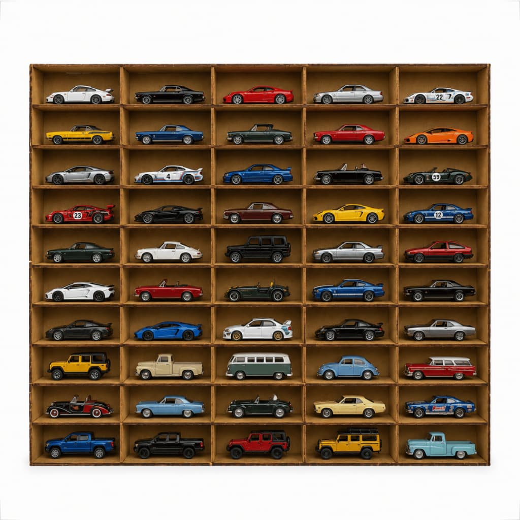 Expositor 50 Nichos em Mdf Cru Escala 1:64 Para Carrinhos Hot Wheels