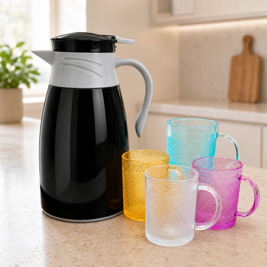Garrafa Térmica 1L com 4 Canecas de Vidro Kit Café Chá Xicaras Elegante Resistente
