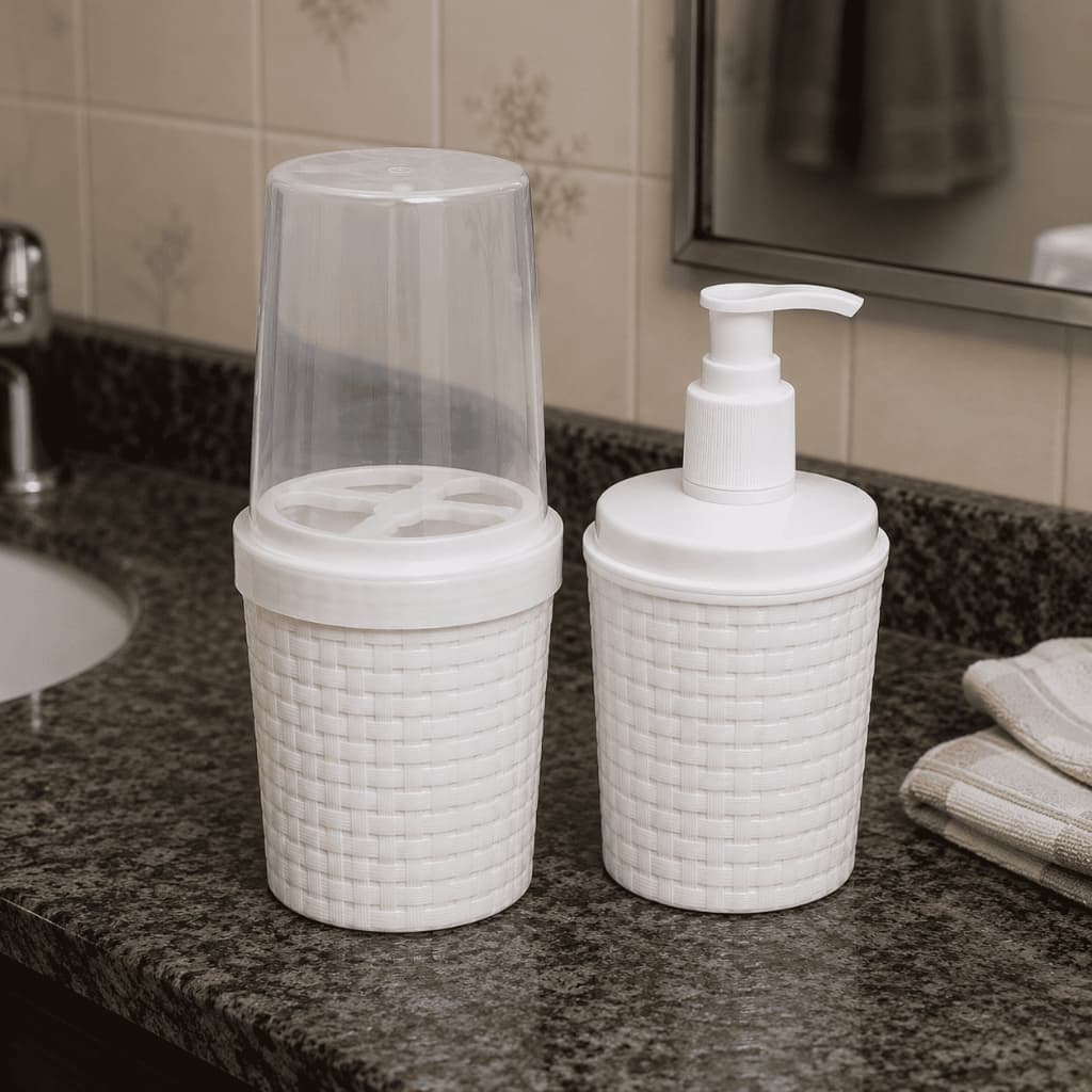 Kit De Banheiro Lavabo Porta Sabonete Líquido Rattan - Escova De Dente - Branco