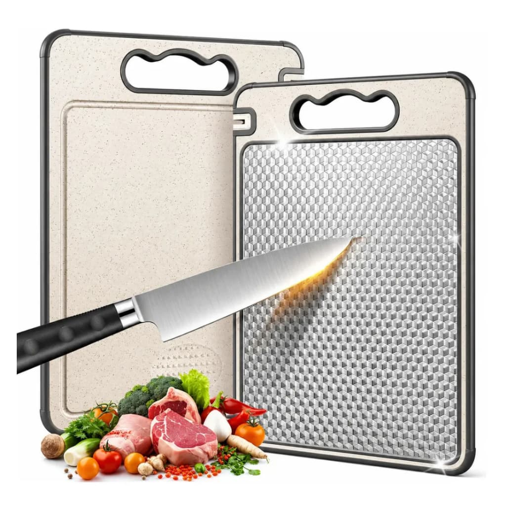 Tábua de Corte 2 em 1 de Aço Inoxidável com Alça, Tábua de Corte de Carne Não Tóxica, Tábua de Corte de Aço Inoxidável 3