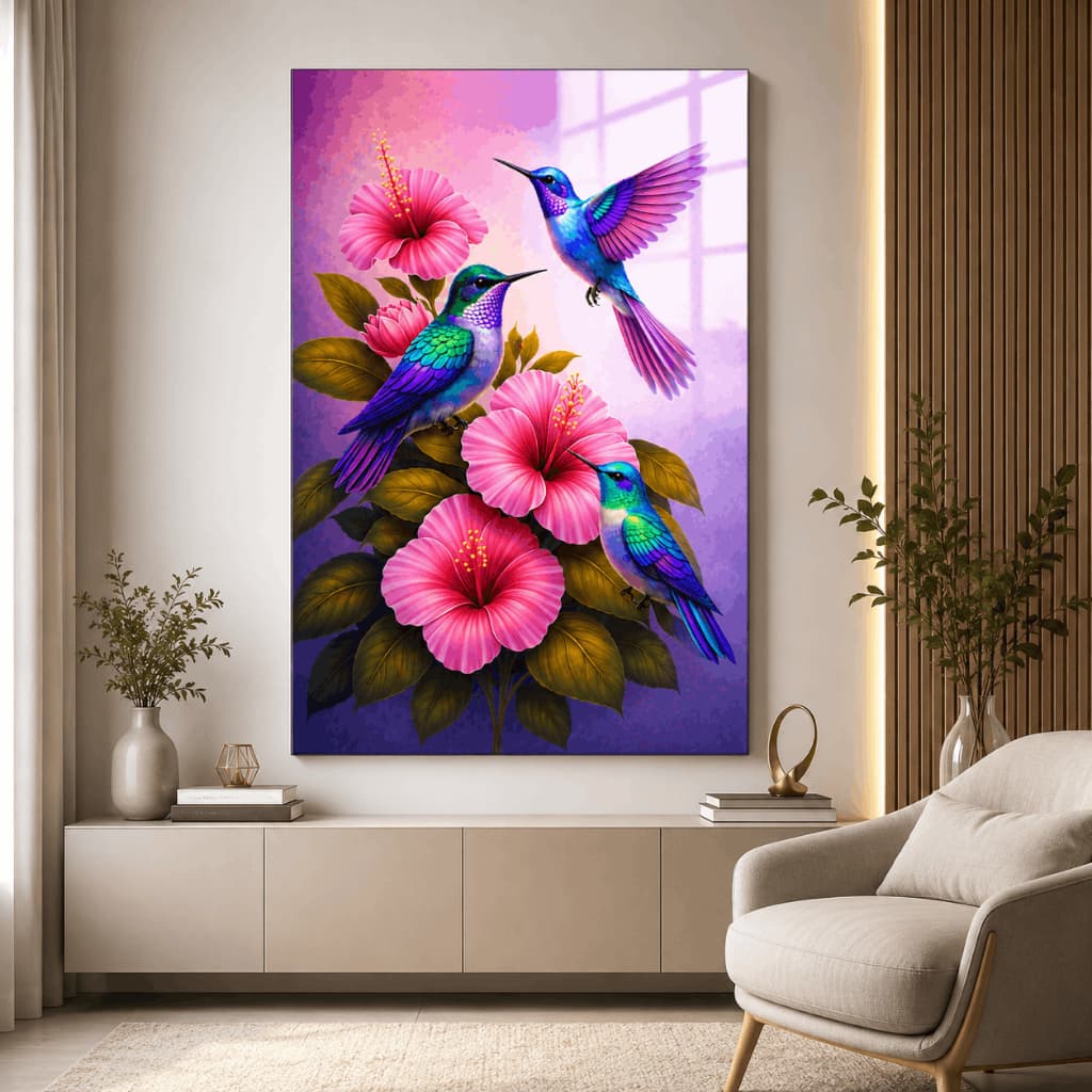 Quadro Decorativo Beija Flor com Flores Hibisco Colorido Natureza Decoração Sala Quarto