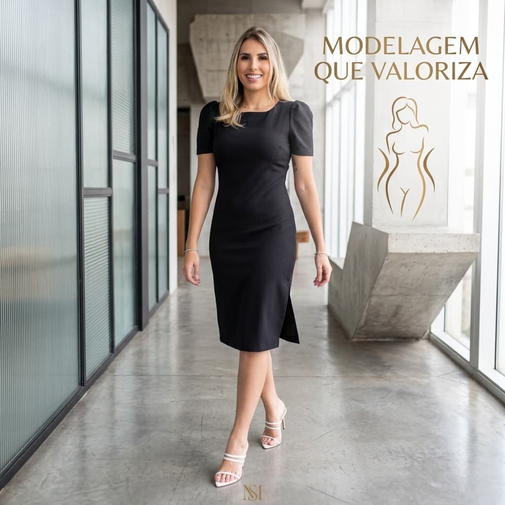 Vestido Midi Alfaiataria Feminino Premium Manga Bufante Elegante Social Casual Trabalho Festa Evangélico