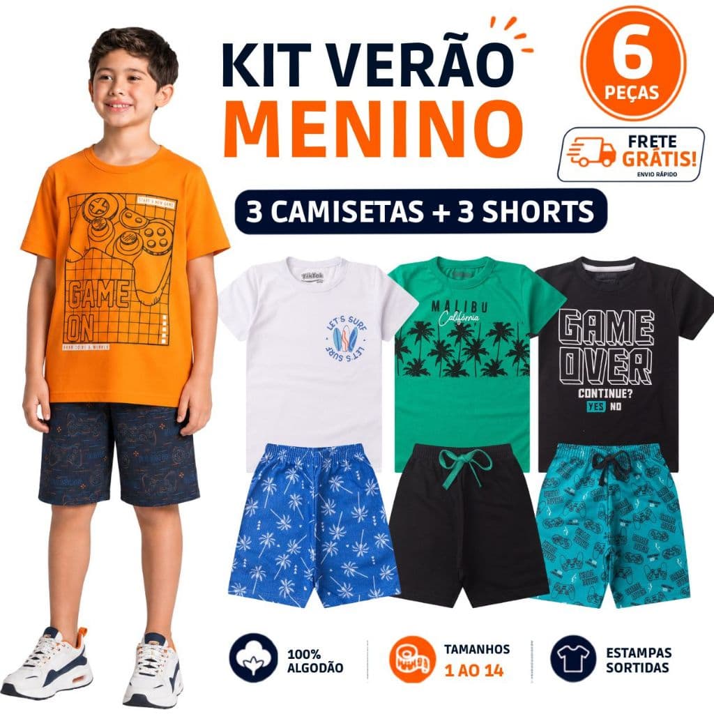 Kit 6 Peças de Roupa Infantil Menino  100% Algodão Verão Camiseta Shorts Tam 1 ao 14