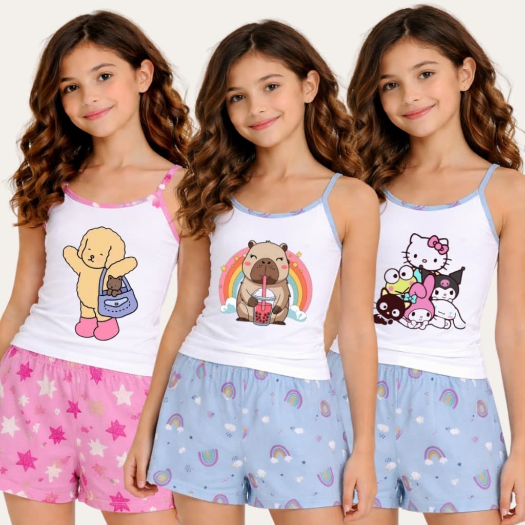 Kit 3 Pijamas Infantil Verão Alcinha Regata Estampas Variadas Menina Baby Doll