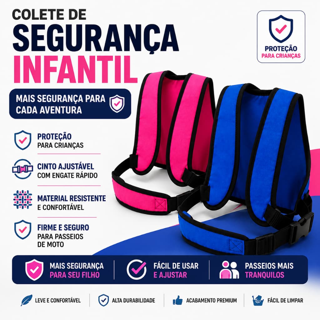Colete de Segurança Infantil para Moto com Cinto Ajustável e Engate Rápido