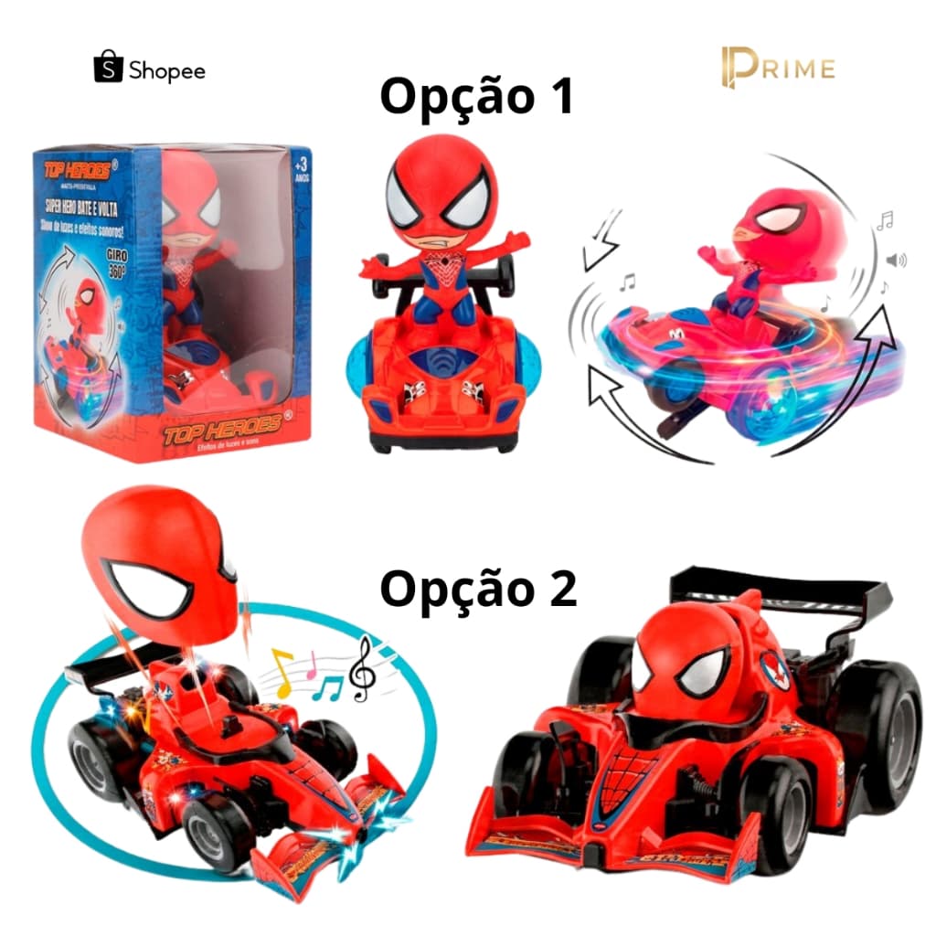 Boneco Heroi Aranha ou Carrinho de Controle Remoto Infantil Bate Volta Luz Som Menino