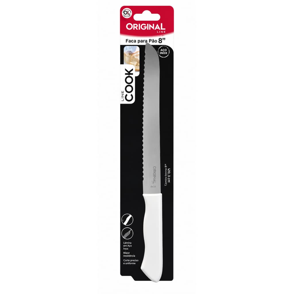 Faca de Pão Premium 8 Polegadas Aço Inox 31,5cm Serrilhada Cabo Branco Corte Preciso Cozinha e Padaria