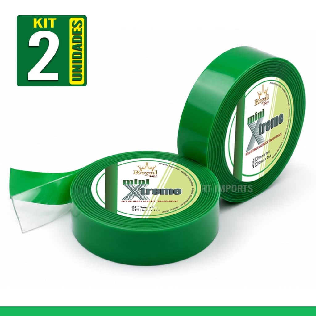 2un Rolo Dupla Face Fita Extra Forte Royal Tape Mini Xtreme 12mm x 2m Resistente Transparente Fixa Facil Forte Decoraçao