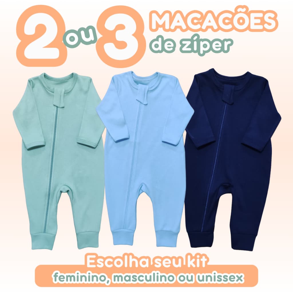 Kit 2 ou 3 Macacões Bebê Zíper com Proteção 100% Algodão Cores Feminino Masculino Unissex RNPMG Zuraffa Baby