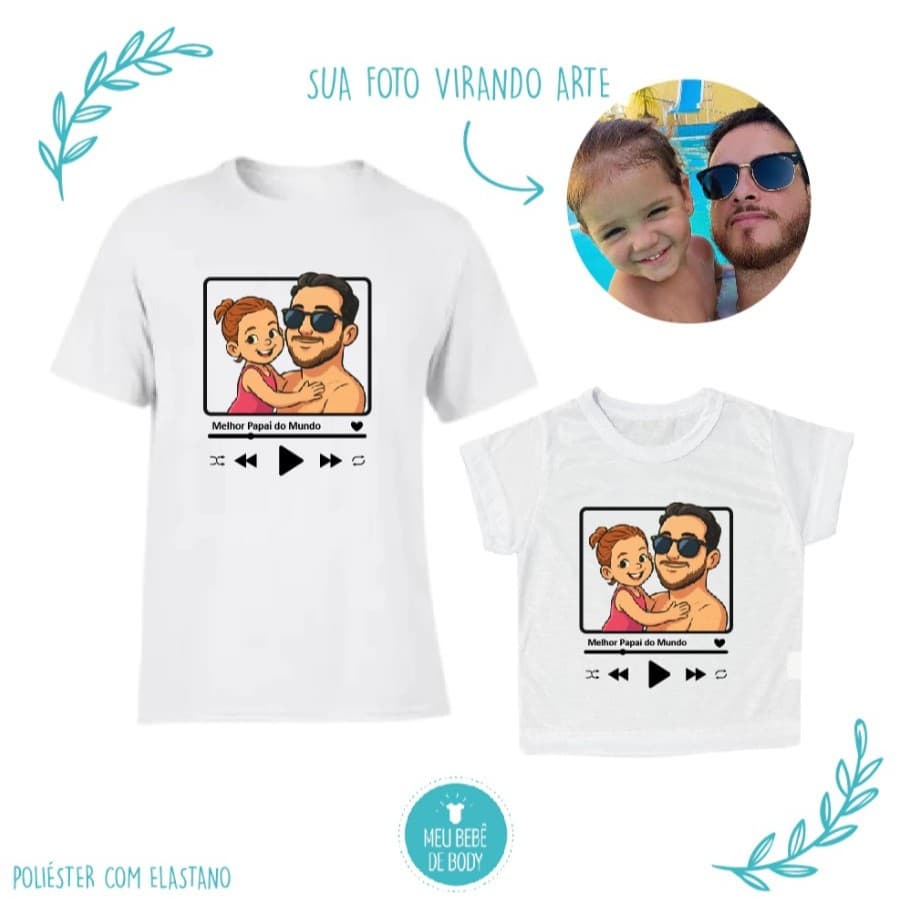 Kit Camisa Pai e Filho Personalizado com Foto | Camisa Adulto + Camiseta Infantil | Arte em Desenho | Dia dos Pais
