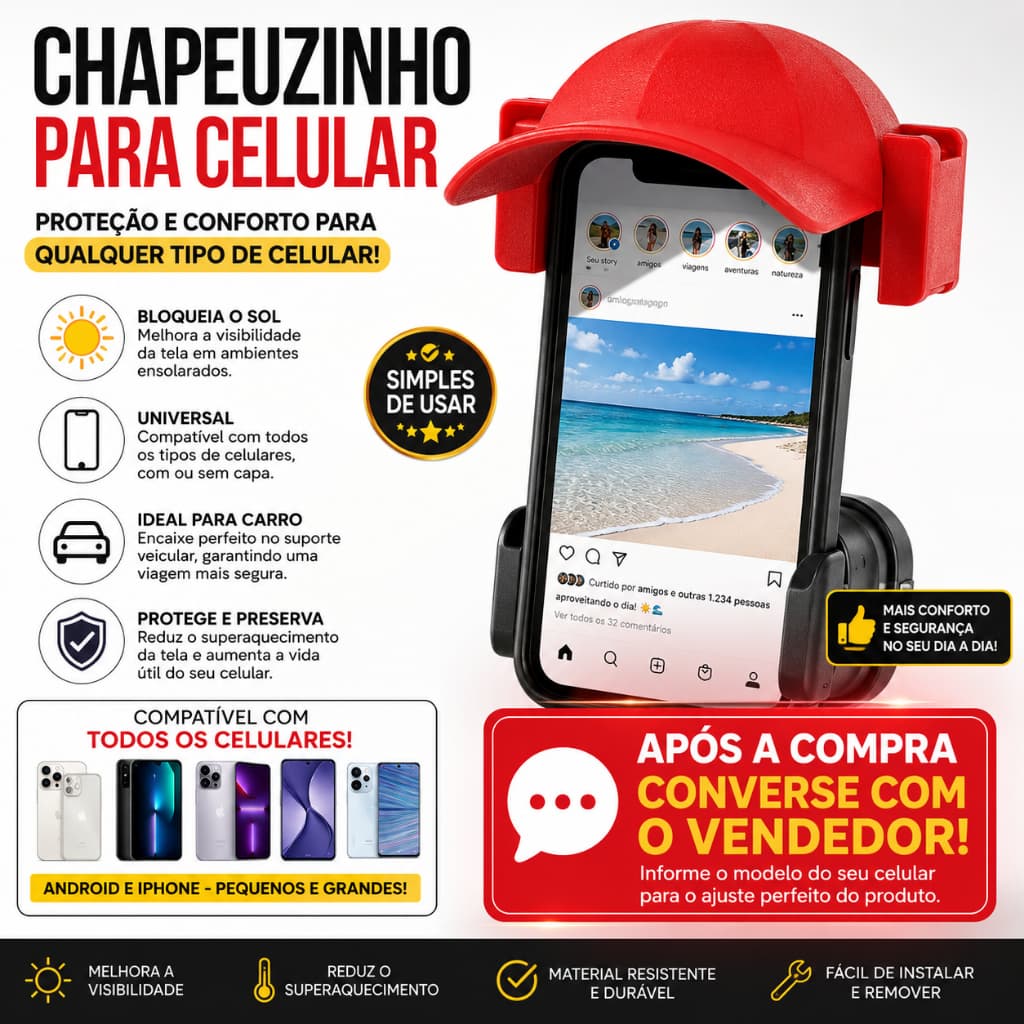 Protetor de Sol para Celular | Chapéu para Tela | Compatível com Todos os Smartphones | Anti Reflexo | Carro e Praia
