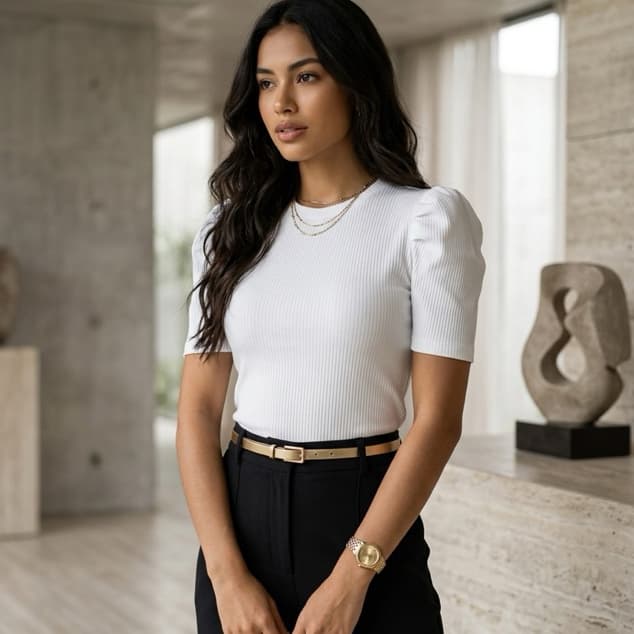 Blusa Feminina Canelada Manga Princesa | Blusa Básica Elegante Manga Curta Gola Redonda Moda Feminina