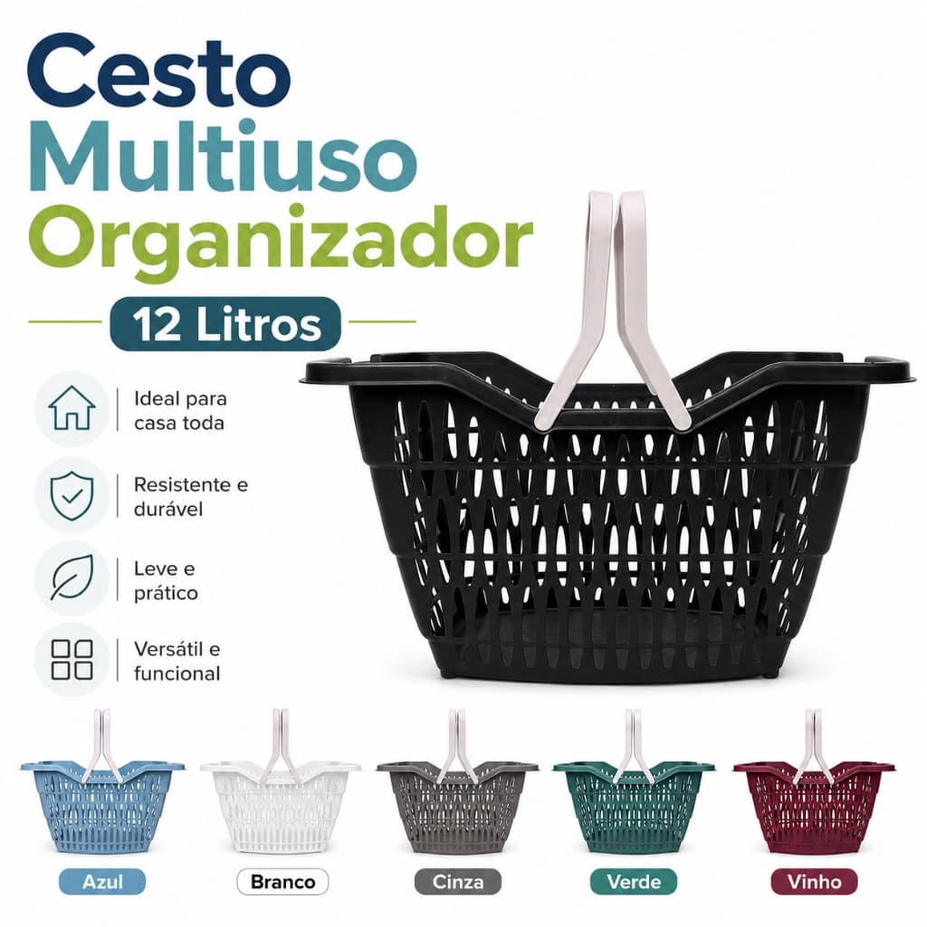 Cesto Organizador Multiuso 12 Litros com Alça Cesto Plástico Resistente para Lavanderia Organização