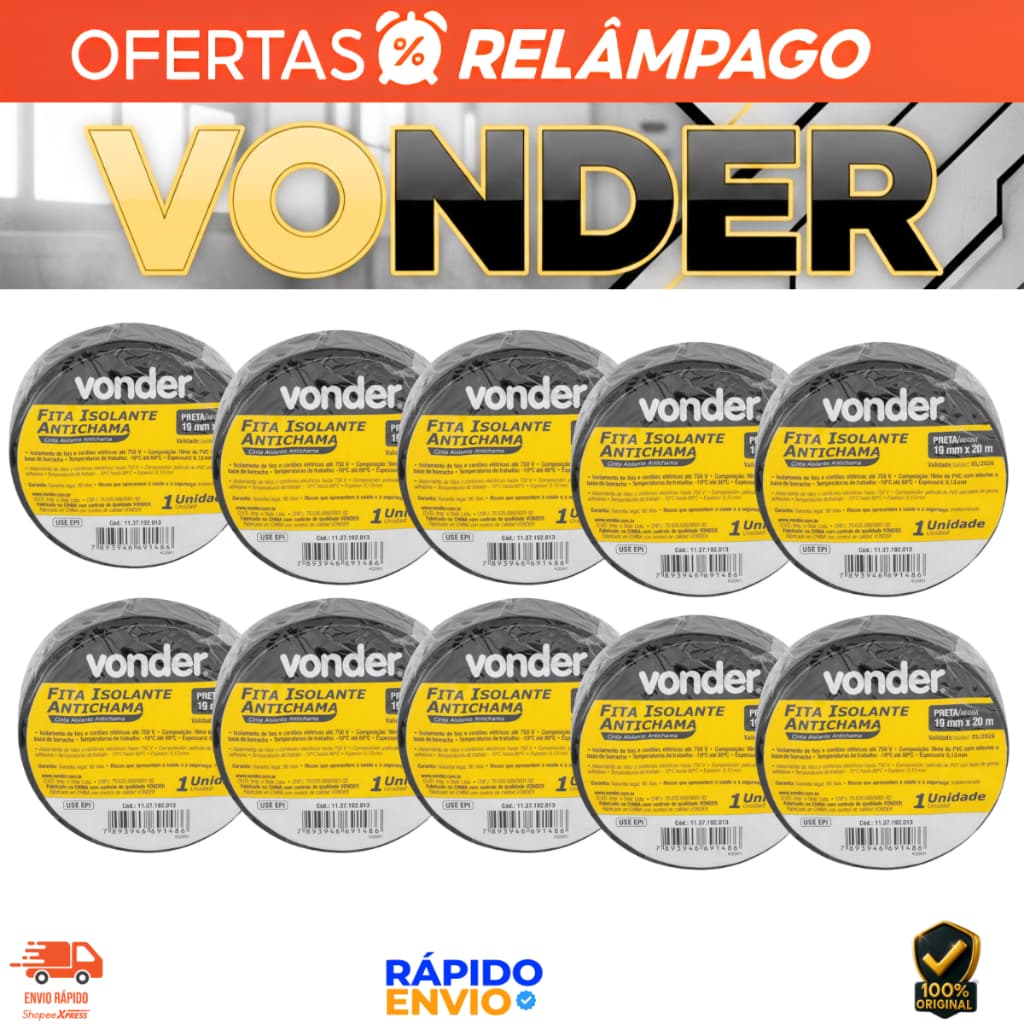 10 Fitas Isolante 19Mmx 20 Metros Preta Vonder Antichama Resistente