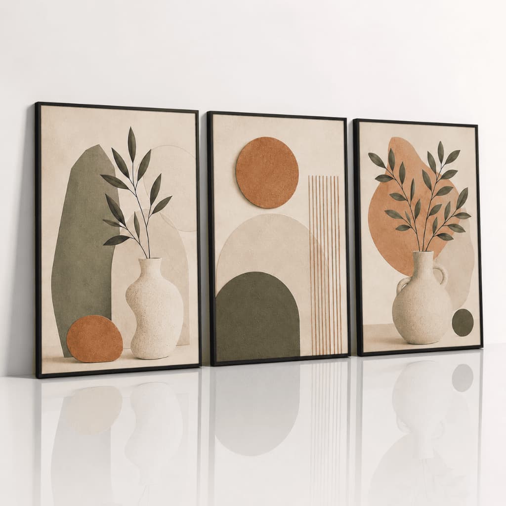 Kit 3 Quadros Decorativos Abstratos Boho Terracota Verde Vasos Folhagens Geométricos Para Sala Quarto Escritório Moderno