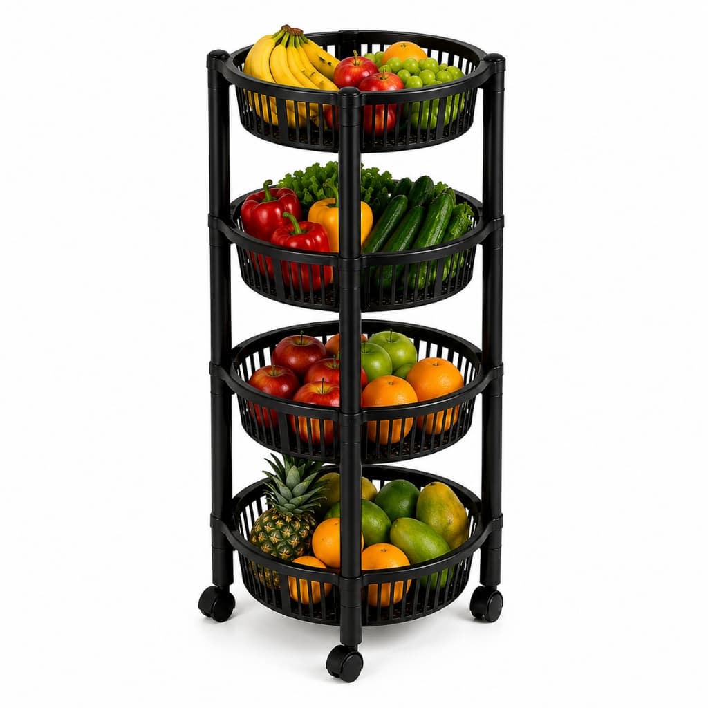 Fruteira com Rodinhas 4 Cestos Organizador de Cozinha Frutas Legumes Lavanderia Multiuso Preto