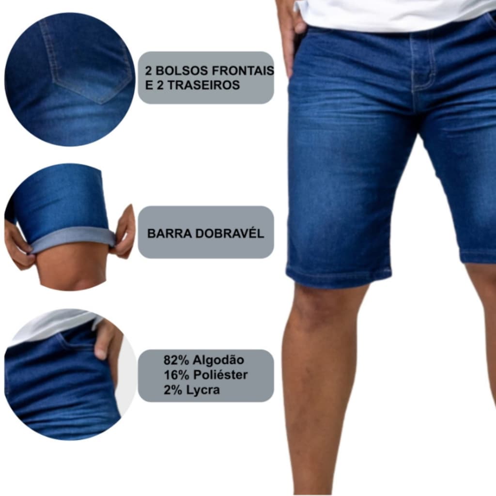 Bermuda Masculina Jeans Azul Lisa Short | Elastano Lycra Masculino | Dia dos Pais - Presente Ideal