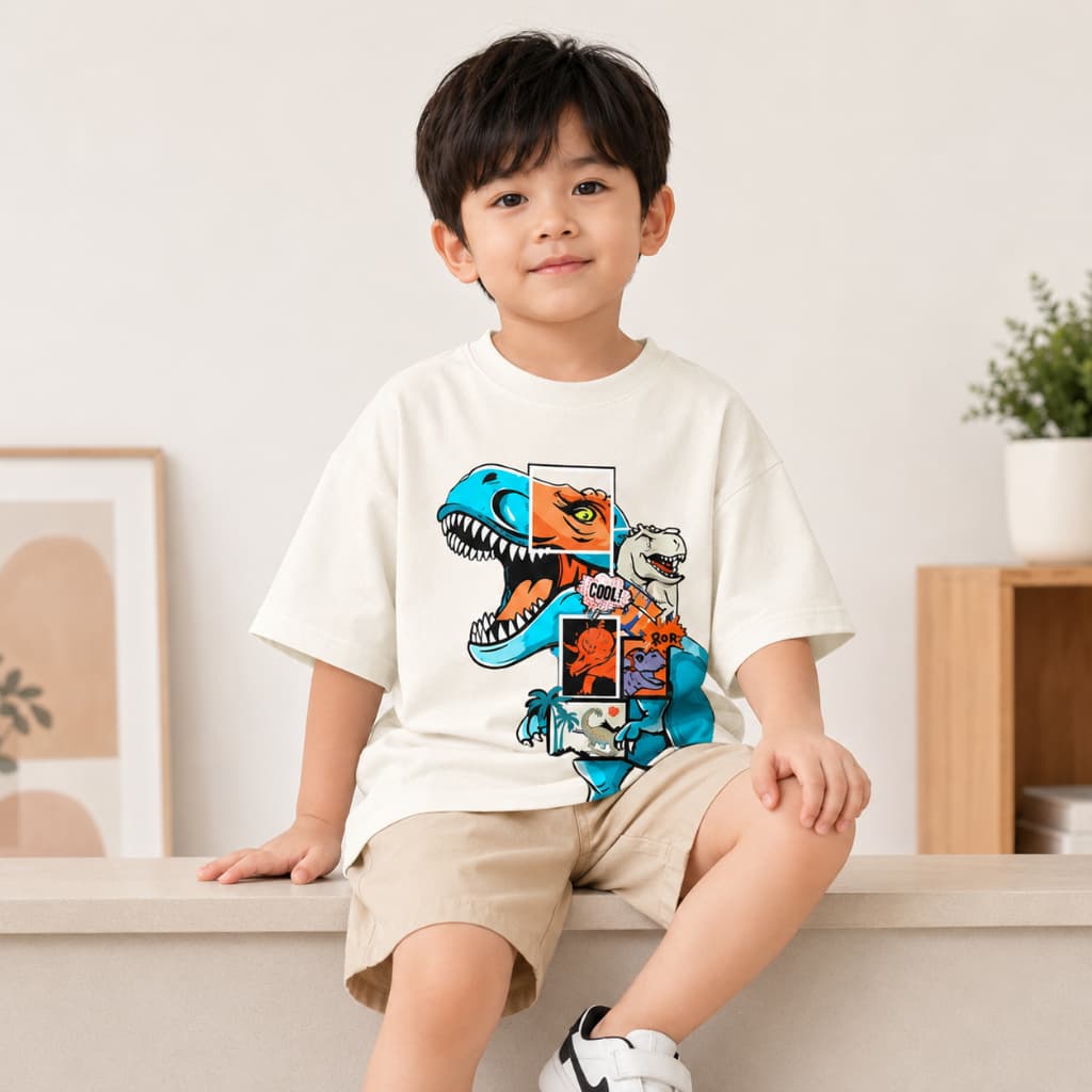 Camiseta Oversized Infantil Estampa de Dinossauro 100% Malha Suedine Cores e Tamanhos Do 2 ao 6