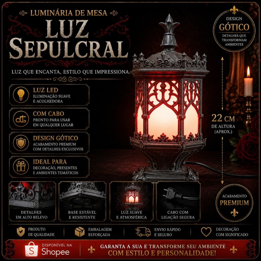 Luminária Gótica de Mesa Luz Sepulcral LED 22cm com Cabo Decoração Dark Medieval Abajur Gótico