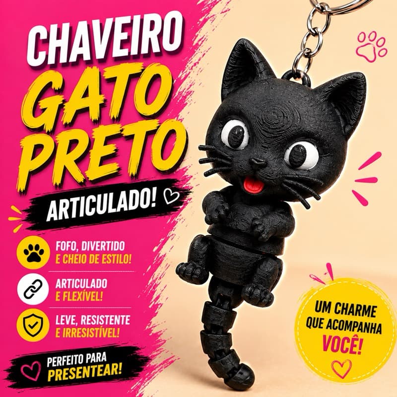 Chaveiro Gato Preto Articulado 3D | Impressão 3D | Presente Criativo