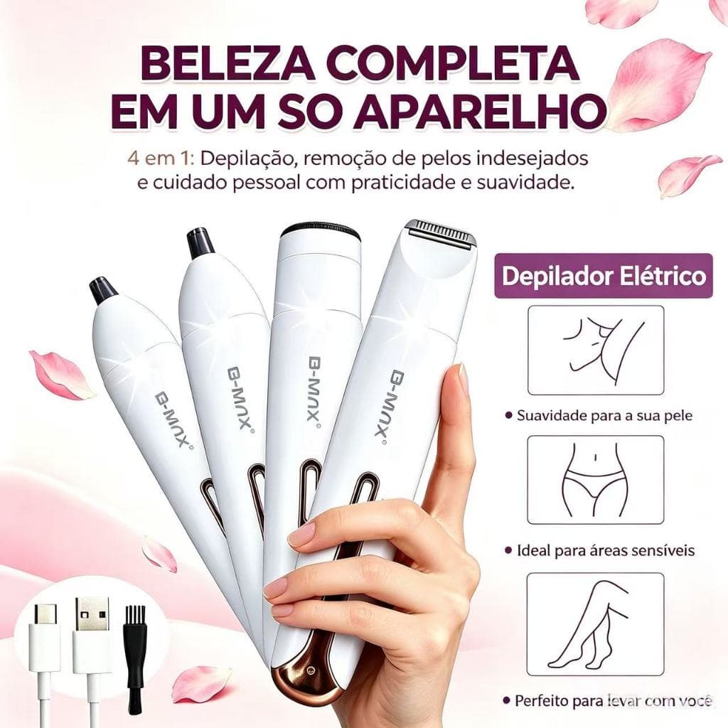 Removedor de pêlos USB recarregável quatro em um feminino, adequado para sobrancelhas, nariz, axilas e corpo, capacidade