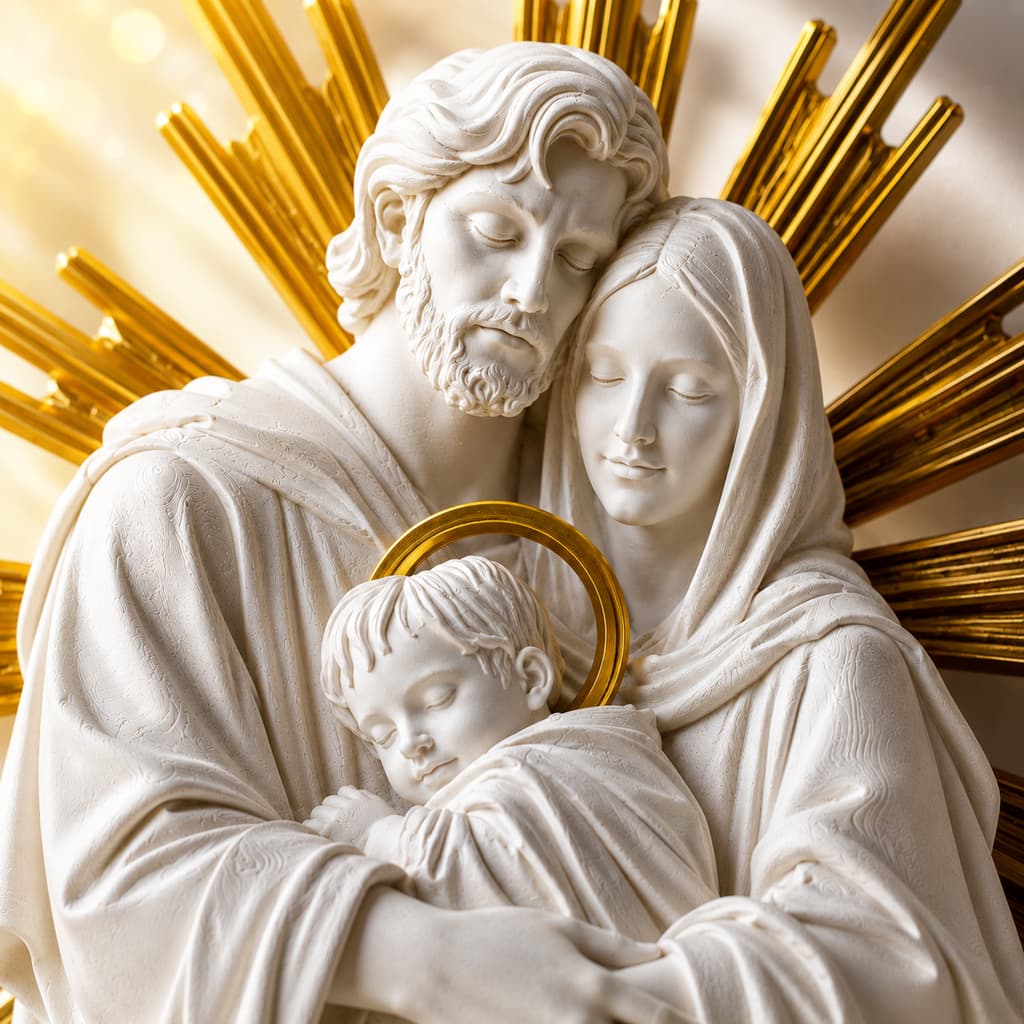 Quadro Decorativo Sagrada Família Branco Fosco Dourado Para Parede 3D