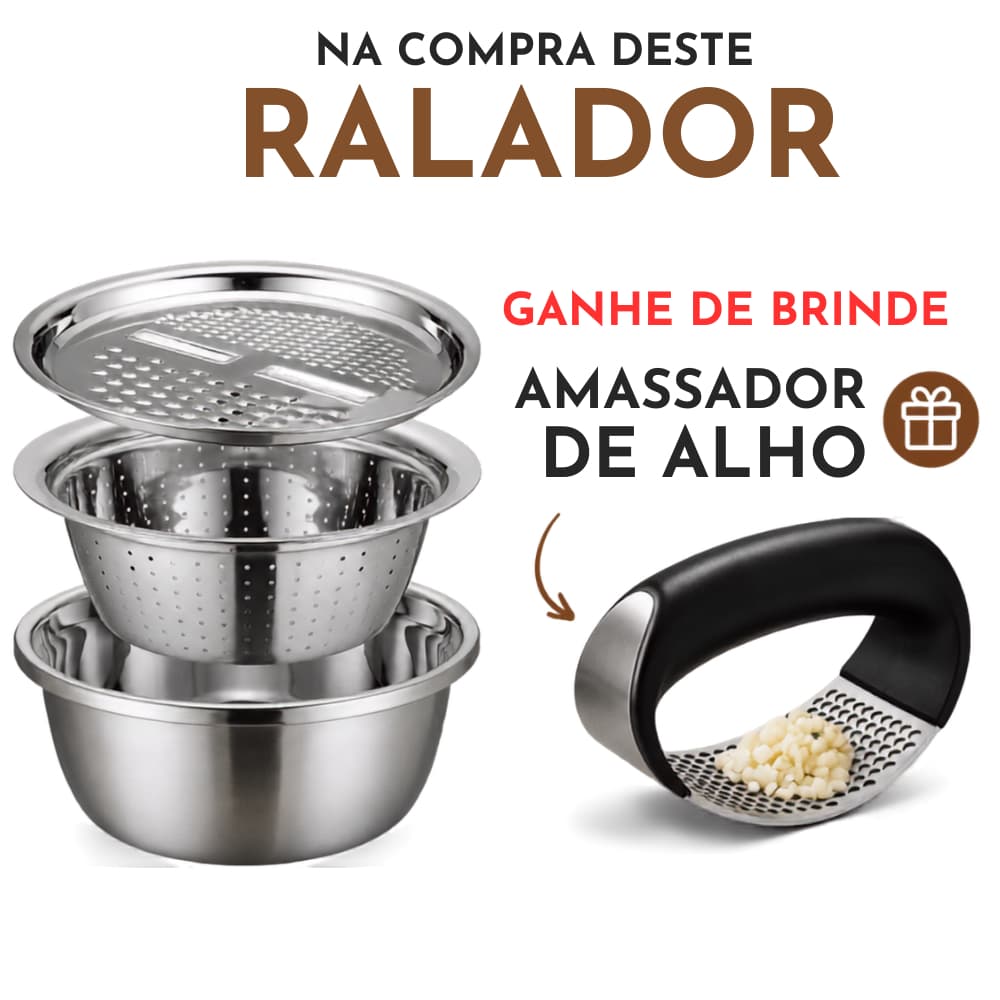 Kit 4 Em 1 Ralador Fatiador Bacia Inox Tigela Saladeira Escorredor Bowl espremedor e alho