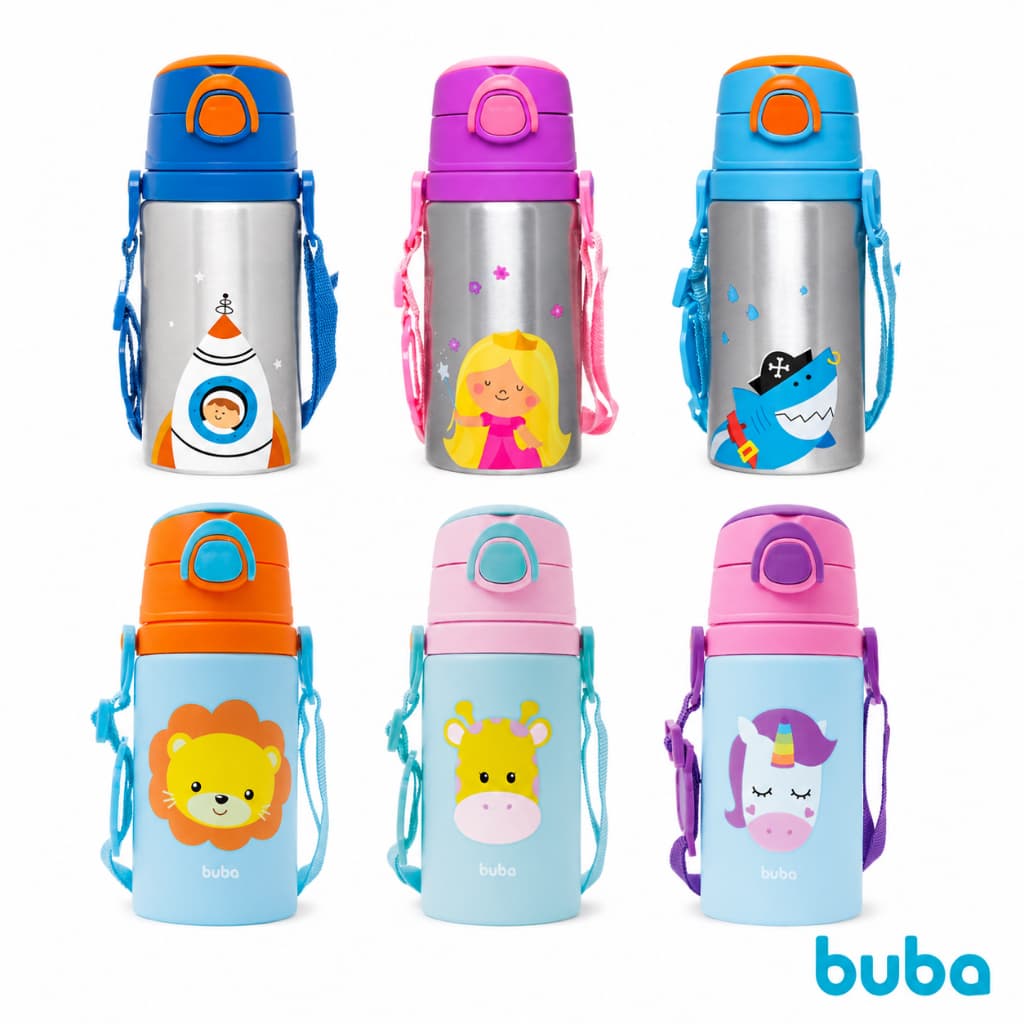 Garrafinha Garrafa De Alumínio Com Canudo de água infantil buba Escolar Animais Princesa Original