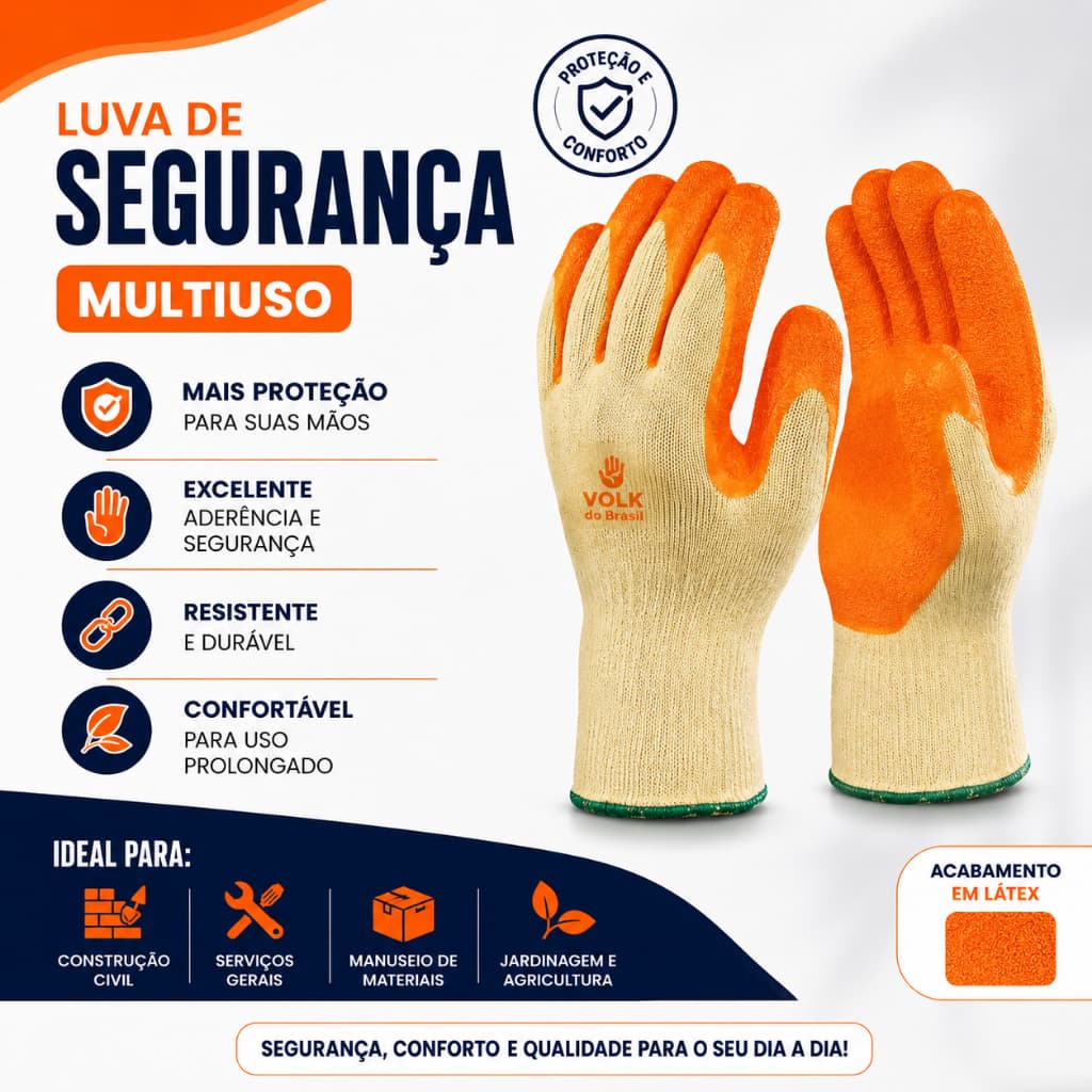 Luva de Segurança Laranja Emborrachada Látex Antiderrapante para Construção Jardinagem e Serviços Gerais
