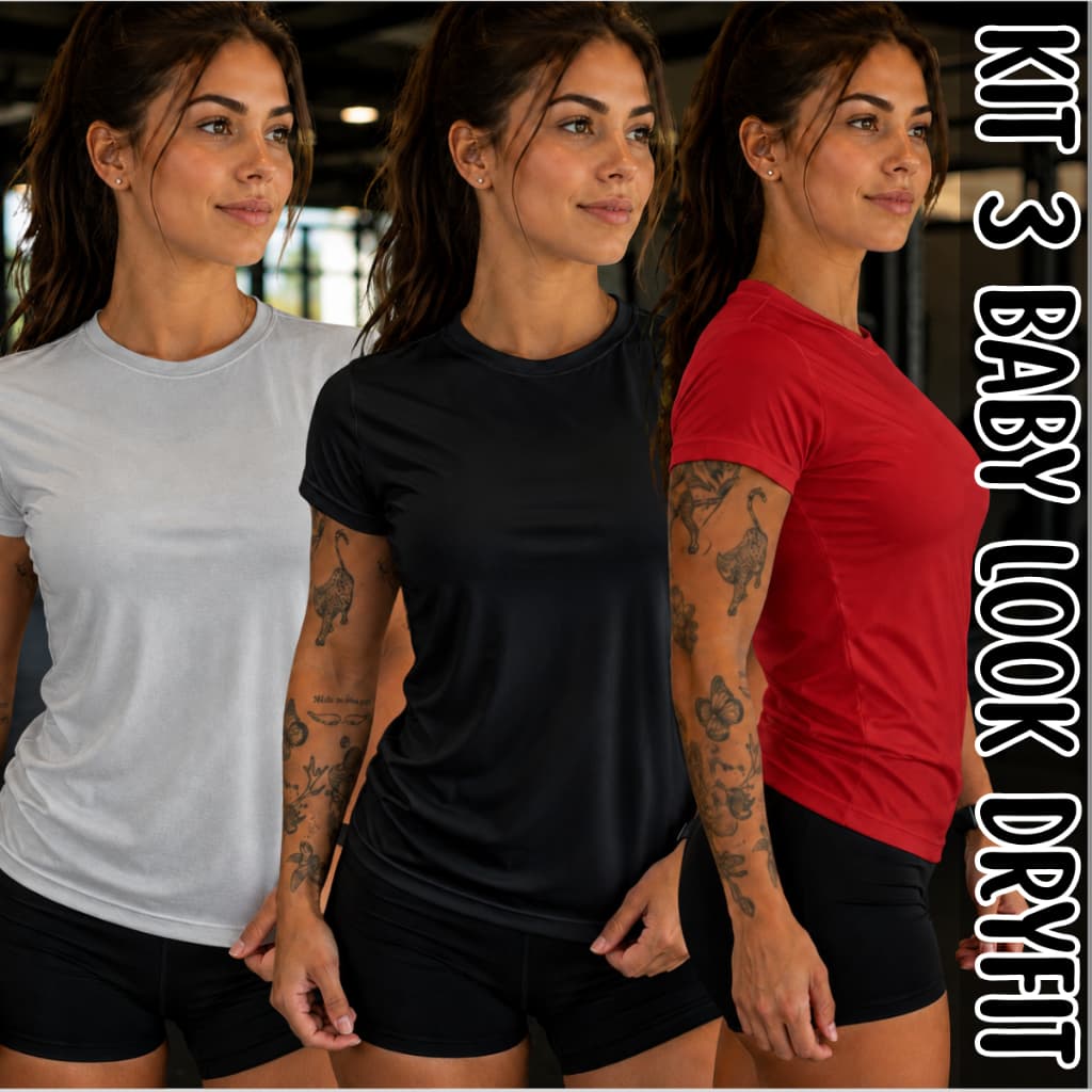 Kit 3 Camisetas Baby Look Dry Fit Femininas Academia Treino Blusas