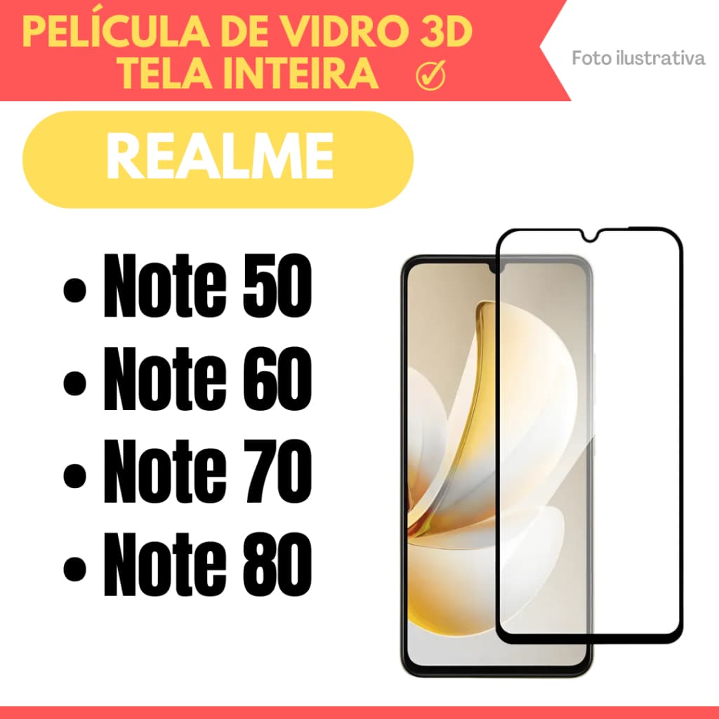 Película de Vidro 3D Para Realme Note 50 / Note 60 / Note 70 / Note 80 / Protetor de Tela Inteira.
