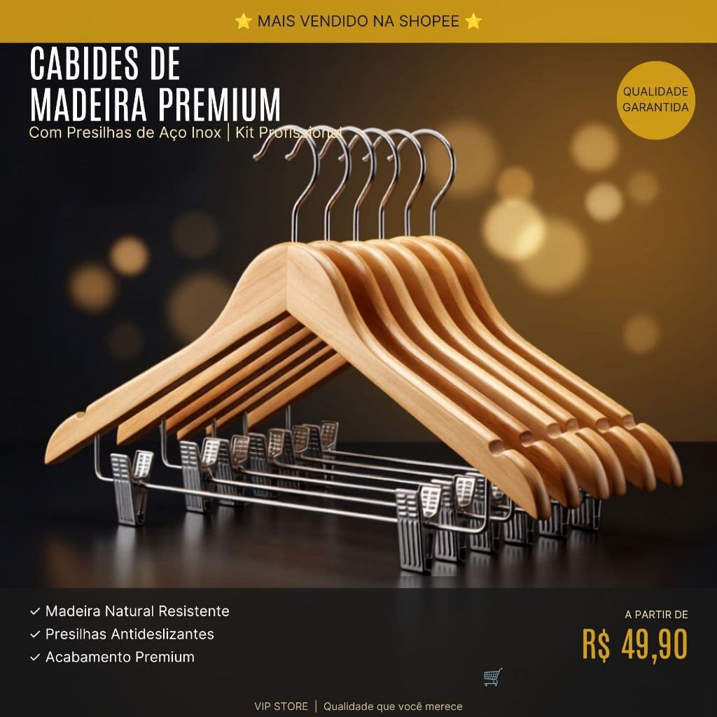 Kit de Cabides de Madeira Envernizada com Presilhas em Aço Ajustáveis Resistente 3 ou 6 Unidades