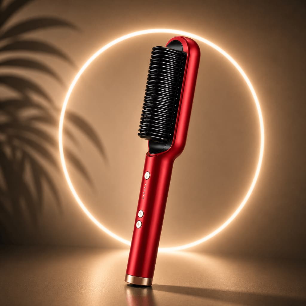 Escova Alisadora Cabelo Elétrica Bivolt 5 em 1 Alisa Hidrata Modela Alinha Anti-Frizz 5 Temperaturas Ajustável Vermelha