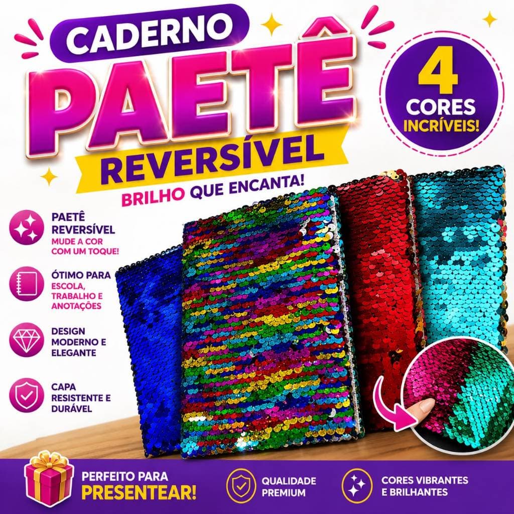 Caderno Paetê Reversível A5 Capa Brilhante com Lantejoulas Mágicas 4 Cores Disponíveis