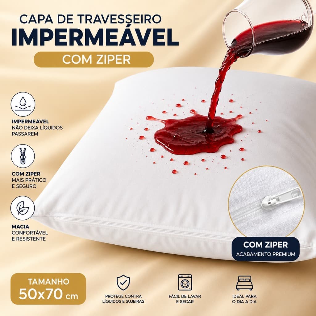 kit 2 Capa Protetora Impermeável para Travesseiro 50x70 com Zíper Antialérgica Antiácaro Lavável