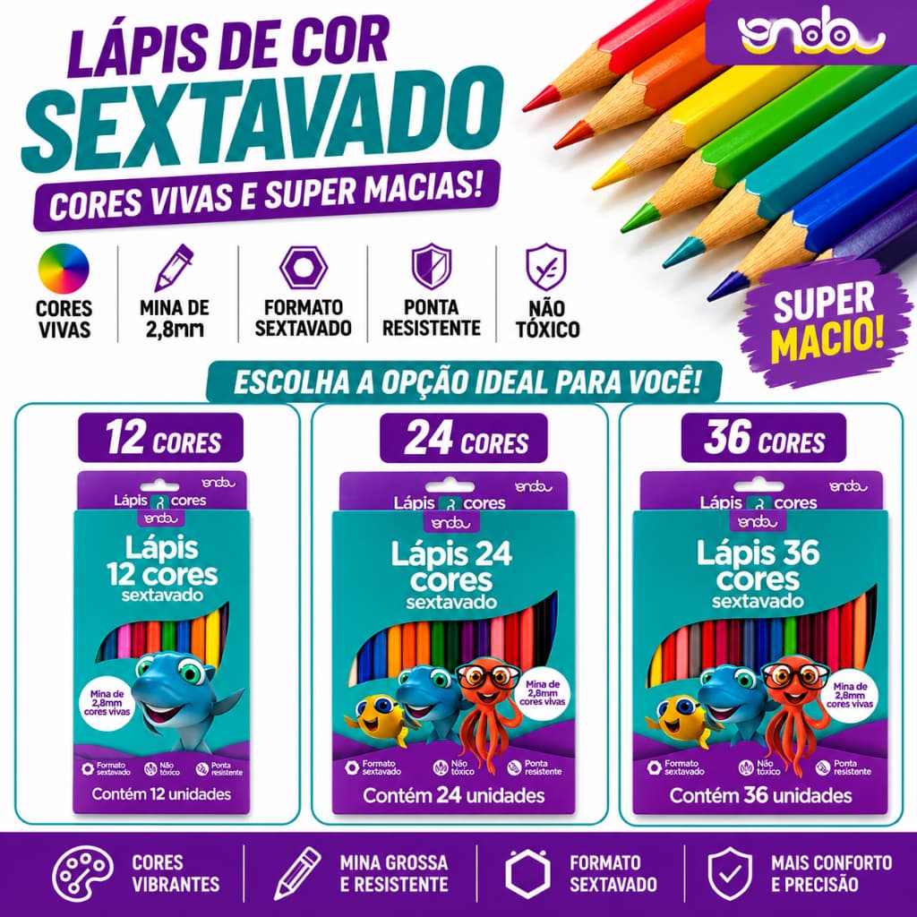 Lápis 12, 24, 36 Cores Sextavado Ponta Resistente Cores Vivas