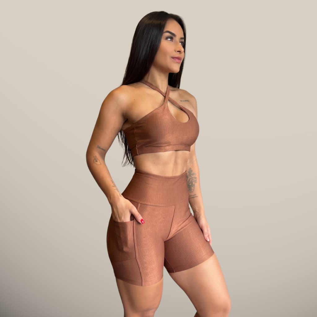 Kit Conjunto Canelado de Academia Top e Short com Bolso Para Corrida Topper Feminino Roupa Fitness Legging Feminina Alta