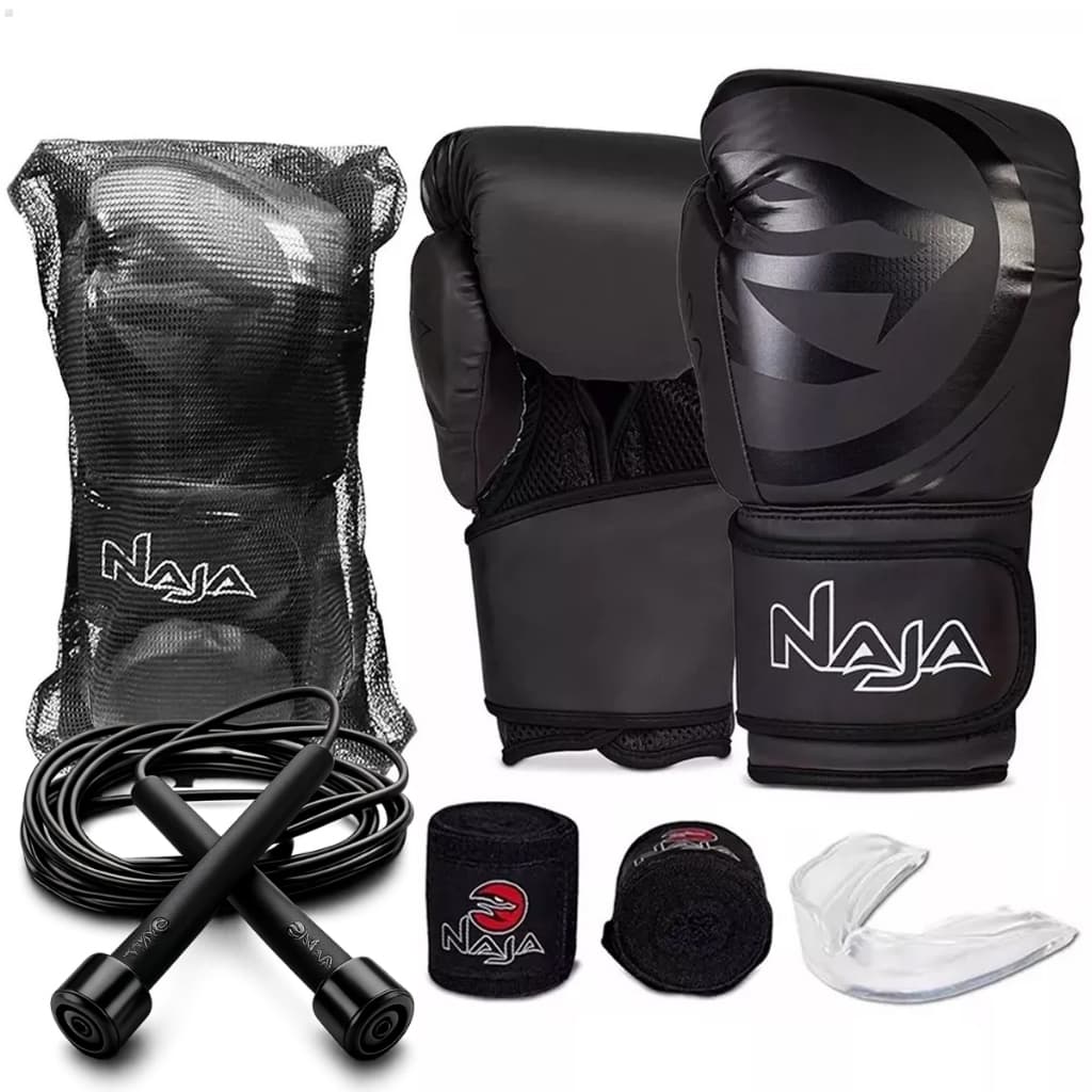 Luva Boxe / Muay Thai - Black Naja + 2 Bandagens 3,5m + Protetor Bucal + Cordinha Extra Sortido