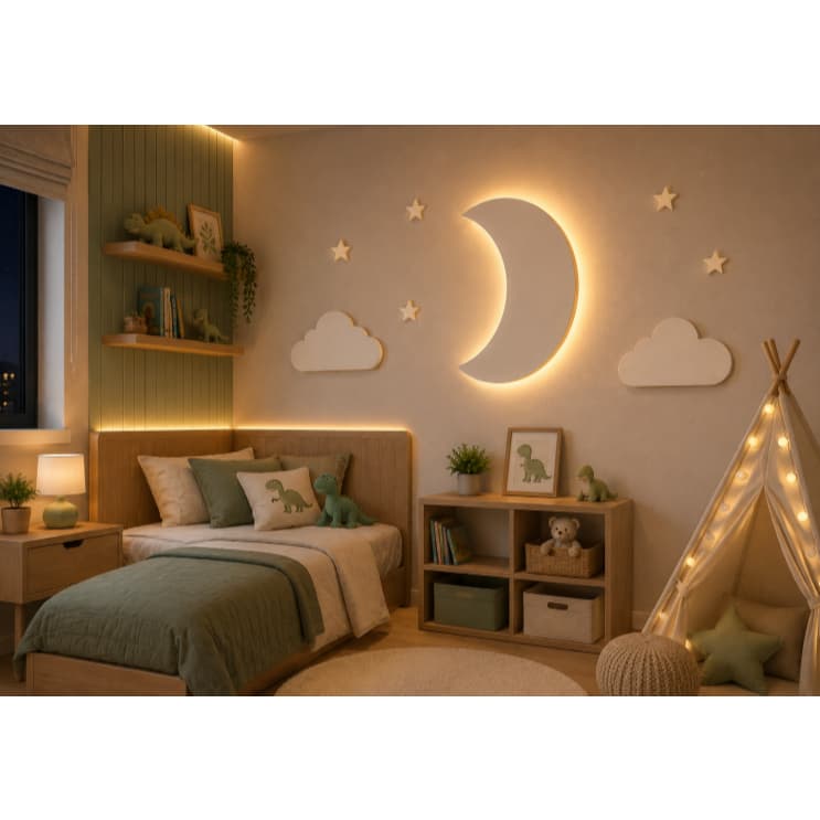 Kit Decorativo Lua Com Led para Quarto Infantil ( 1 Lua, 2 Nuvens, 5 Estrelas)