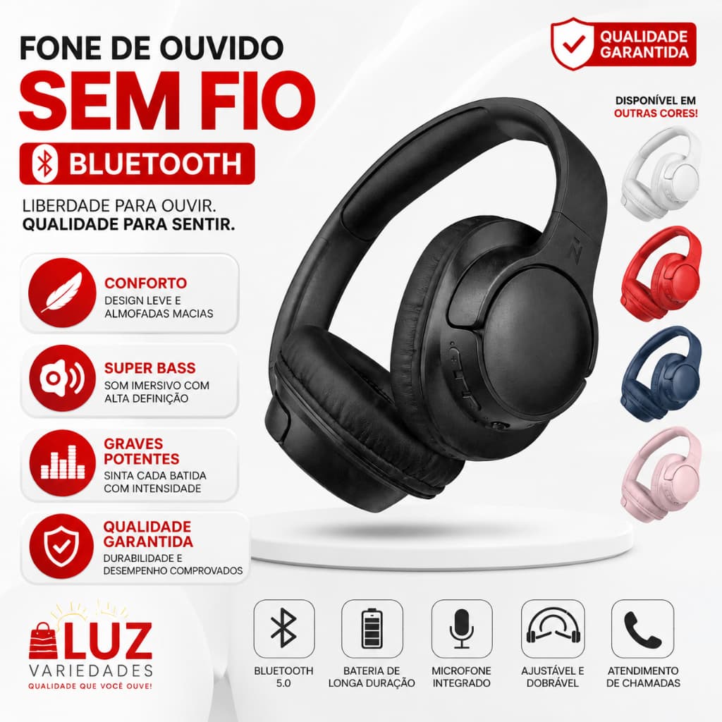 Fone de Ouvido Sem Fio Bluetooth Headphone Alto Som Design Clean Almofadas Macias Microfone