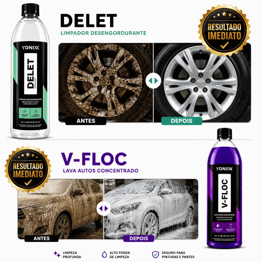 Kit Delet + V-Floc Vonixx 1,5L Shampoo Automotivo Concentrado Desengraxante Limpeza Profissional