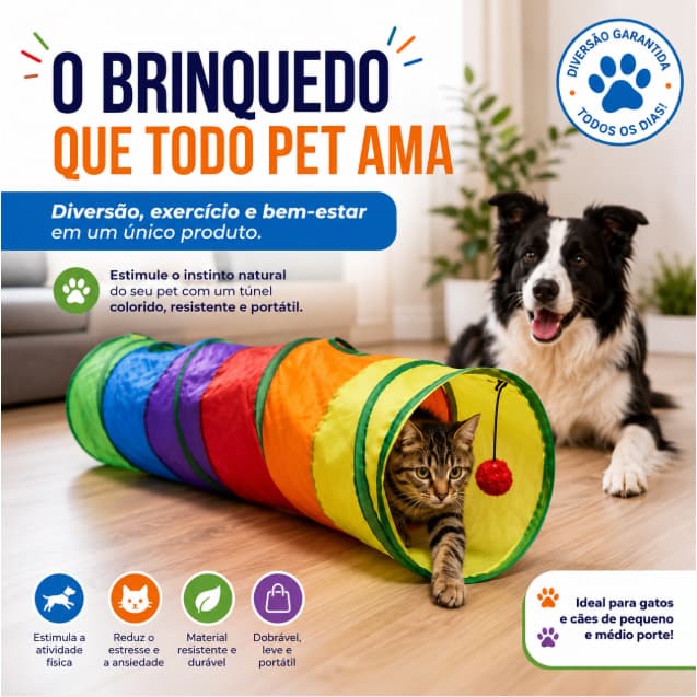 Túnel Interativo para Gatos e Cachorros Brinquedo Dobrável Colorido 1,15m Portátil Resistente
