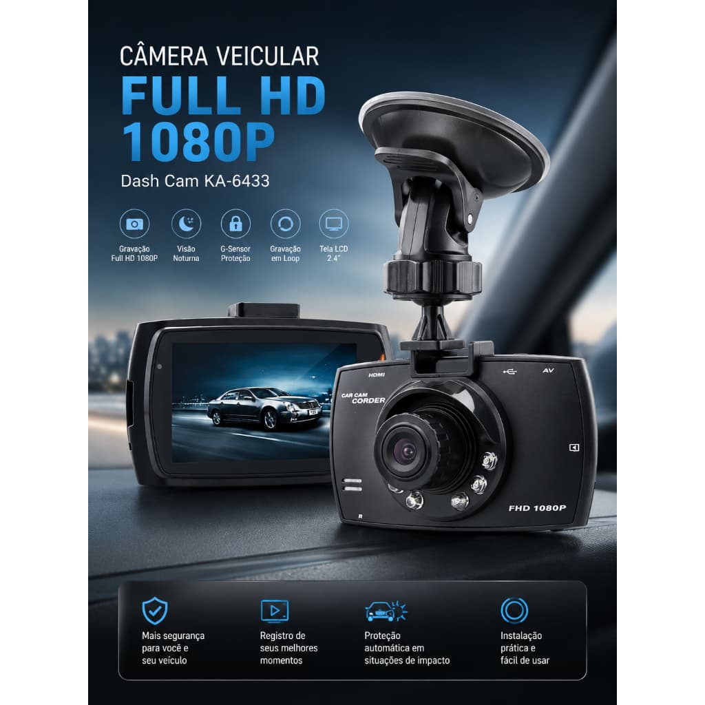 Câmera Veicular Full HD 1080P Dash Cam Visão Noturna G-Sensor Gravação em Loop Tela LCD KA-6433