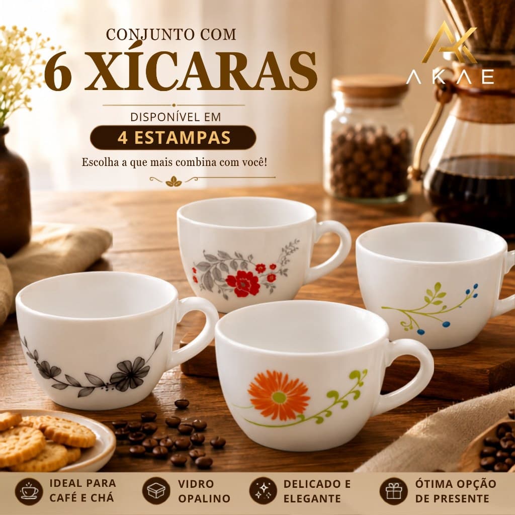 Conjunto 6 Xícaras Xicaras De Café Chá 130ml Branca 4 Estampas Vidro Luxo Jogo Mesa Posta Oferta