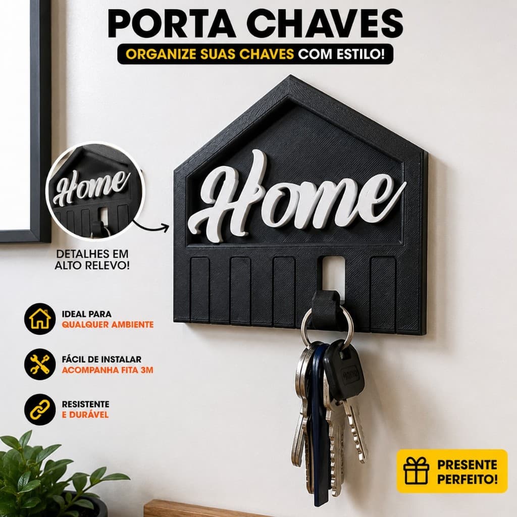 Porta Chaves de Parede Decorativo Home Organizador de Chaves Adesivo 3M Decoração Casa Entrada