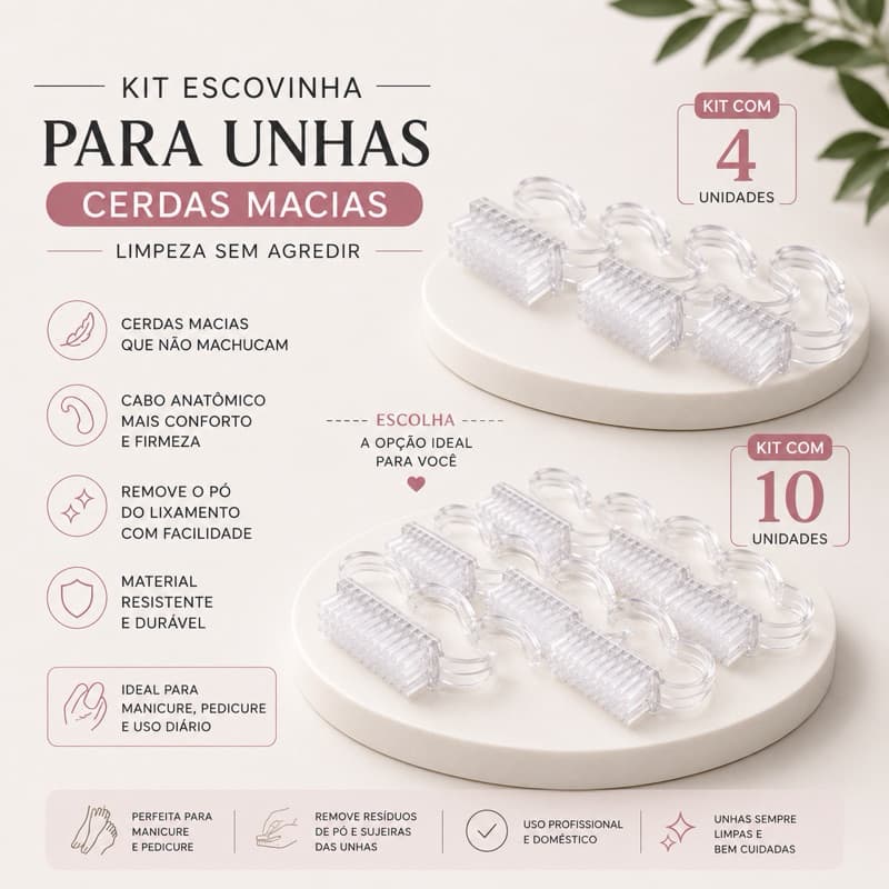 Escovinha de Limpeza para Unhas Kit 4 ou Kit 10 Cerdas Macias Cabo Anatômico Manicure Pedicure