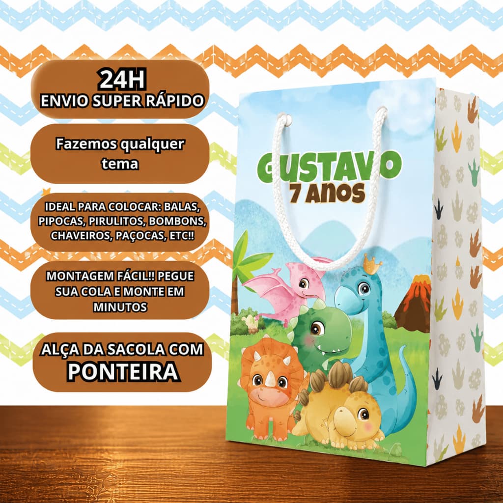 Sacolinha Personalizada Dinossauro DINO nome sem placa Festa Infantil Envio Imediato 24H Super Rápido Montagem Fácil Alç